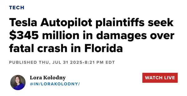 车主开启autopilot发生致死事故！特斯拉被判2亿美元赔偿