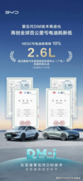 比亚迪第五代dm技术再进化,nedc百公里亏电油耗低至2.6l