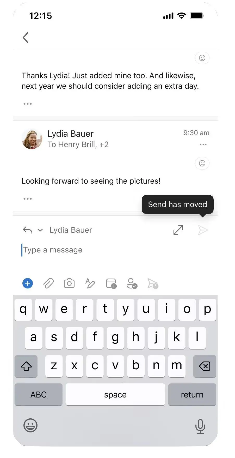 减少邮件误发:ios和安卓版微软outlook发送按钮下月搬家至顶部